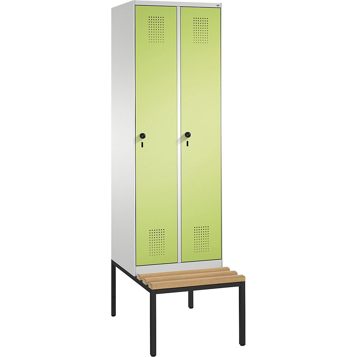 Garderobna omara EVOLO, s klopjo – C+P, 2 razdelka, širina razdelka 300 mm, svetlo siva / rumeno zelena-5