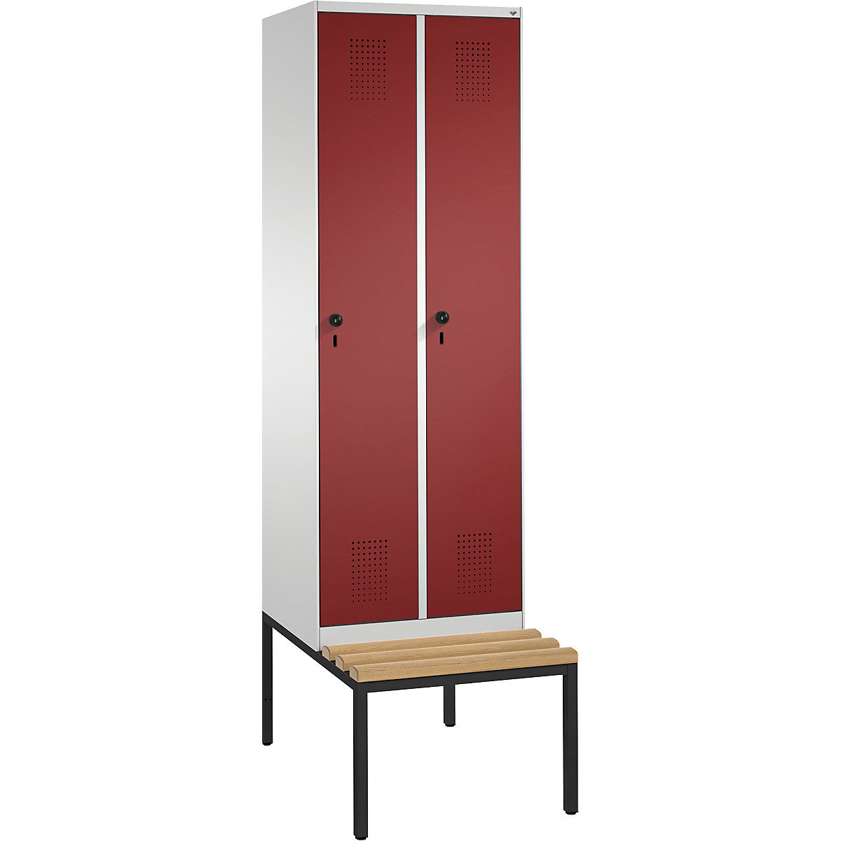 Garderobna omara EVOLO, s klopjo – C+P, 2 razdelka, širina razdelka 300 mm, svetlo siva / rubinasto rdeča-10