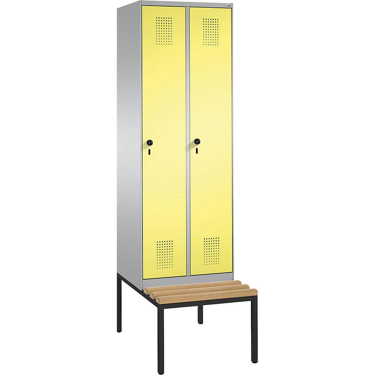 Garderobna omara EVOLO, s klopjo – C+P, 2 razdelka, širina razdelka 300 mm, bela aluminijasta / žvepleno rumena-12