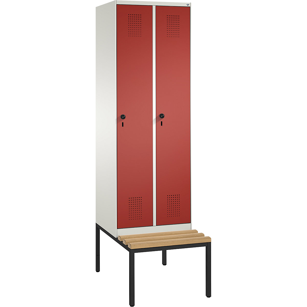 Garderobna omara EVOLO, s klopjo – C+P, 2 razdelka, širina razdelka 300 mm, čista bela / ognjeno rdeča-6