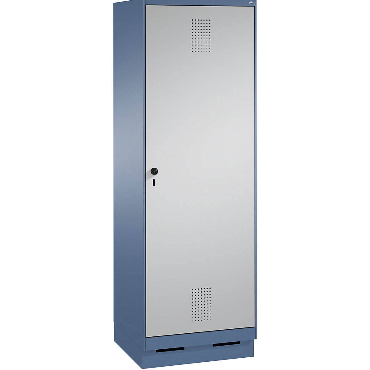 Garderobna omara EVOLO, vrata čez 2 predelka, s podnožjem – C+P, 2 razdelka, 1 vrata, širina razdelka 300 mm, modra / bela aluminijasta-7