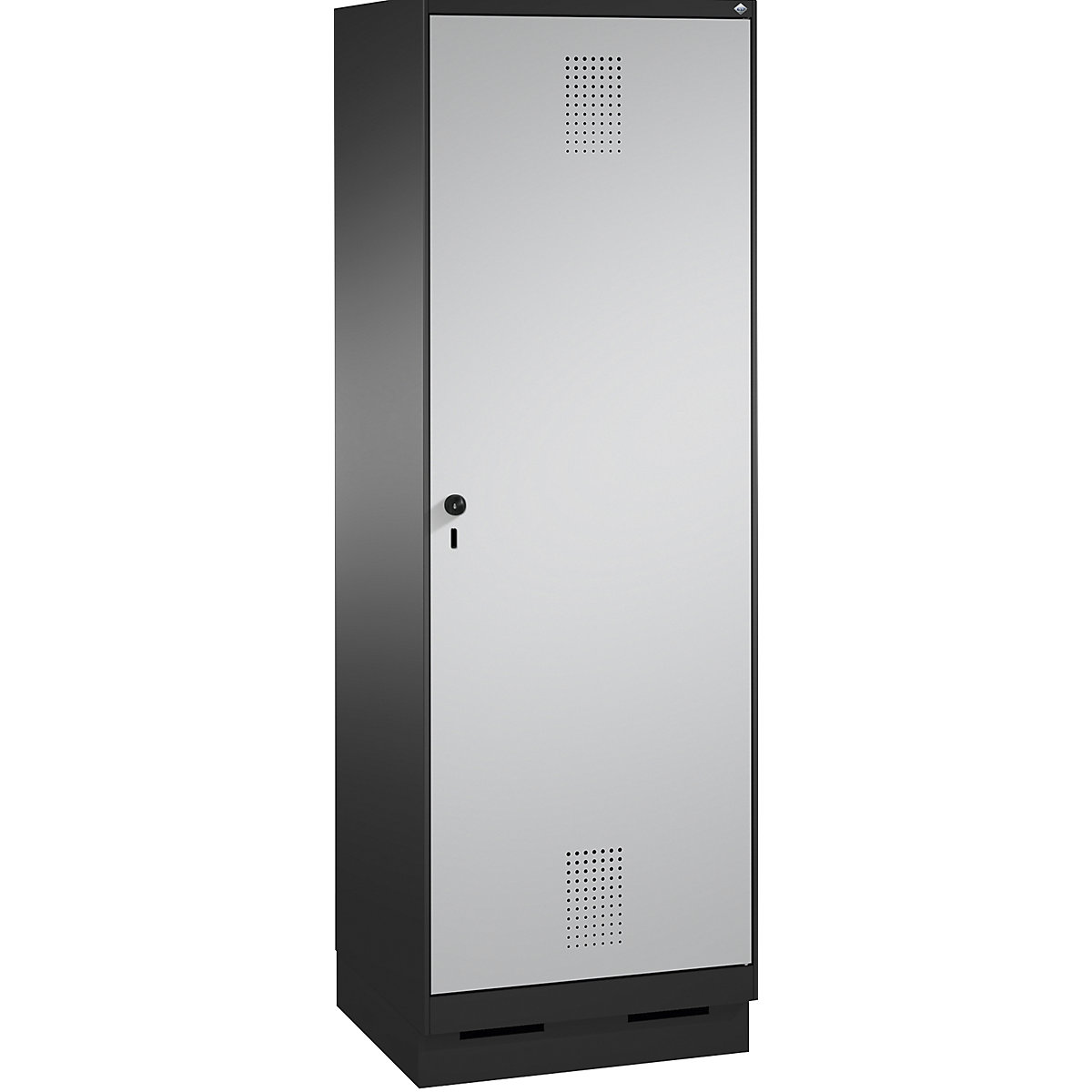 Garderobna omara EVOLO, vrata čez 2 predelka, s podnožjem – C+P, 2 razdelka, 1 vrata, širina razdelka 300 mm, črno siva / bela aluminijasta-10