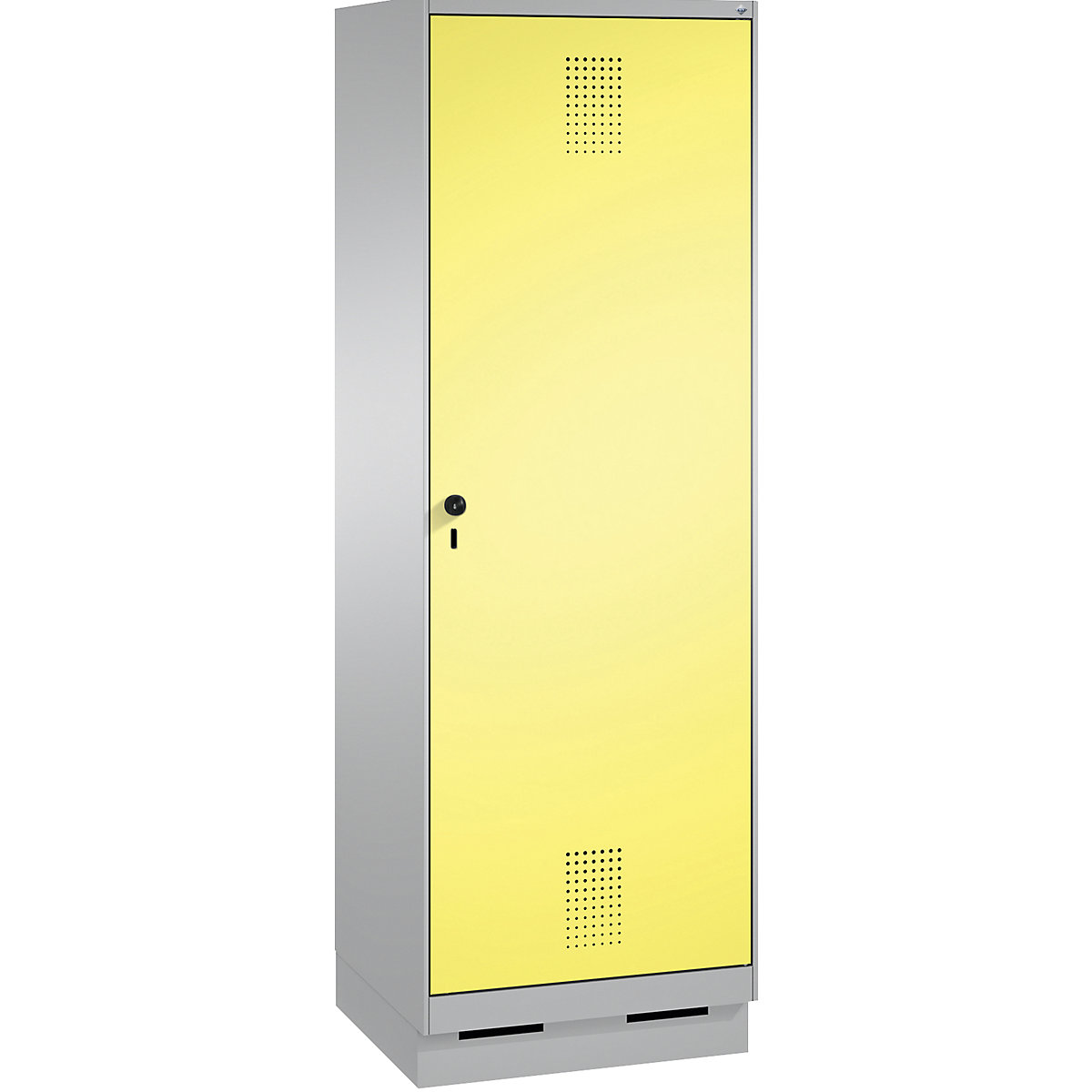 Garderobna omara EVOLO, vrata čez 2 predelka, s podnožjem – C+P, 2 razdelka, 1 vrata, širina razdelka 300 mm, bela aluminijasta / žvepleno rumena-9
