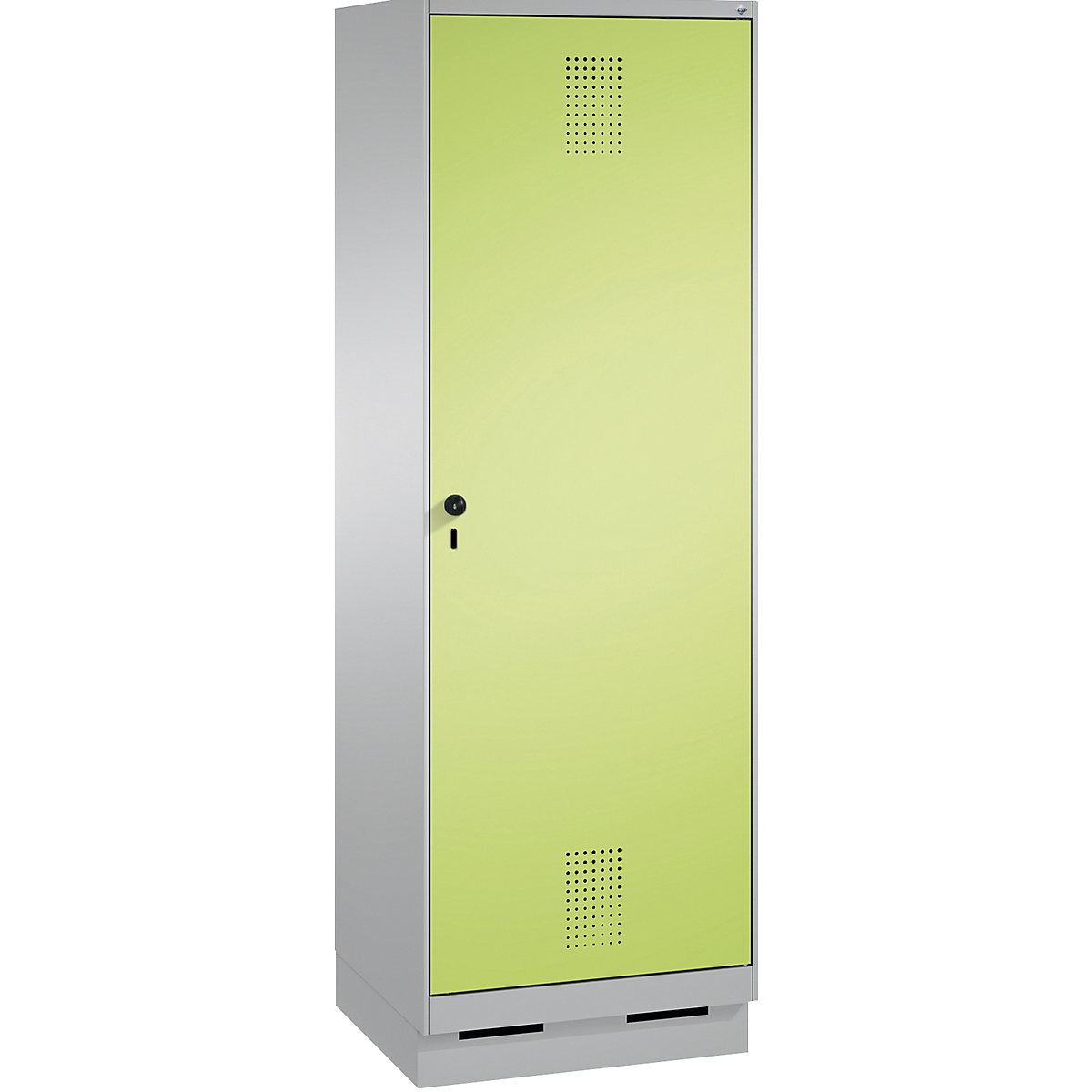 Garderobna omara EVOLO, vrata čez 2 predelka, s podnožjem – C+P, 2 razdelka, 1 vrata, širina razdelka 300 mm, bela aluminijasta / rumeno zelena-6