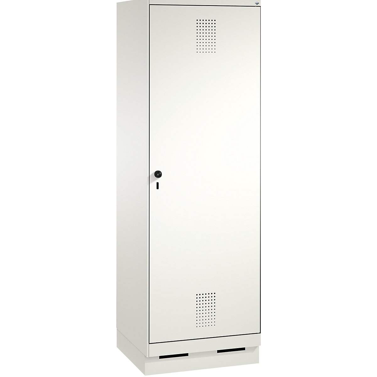 Garderobna omara EVOLO, vrata čez 2 predelka, s podnožjem – C+P, 2 razdelka, 1 vrata, širina razdelka 300 mm, prometno bele / prometno bele barve-3