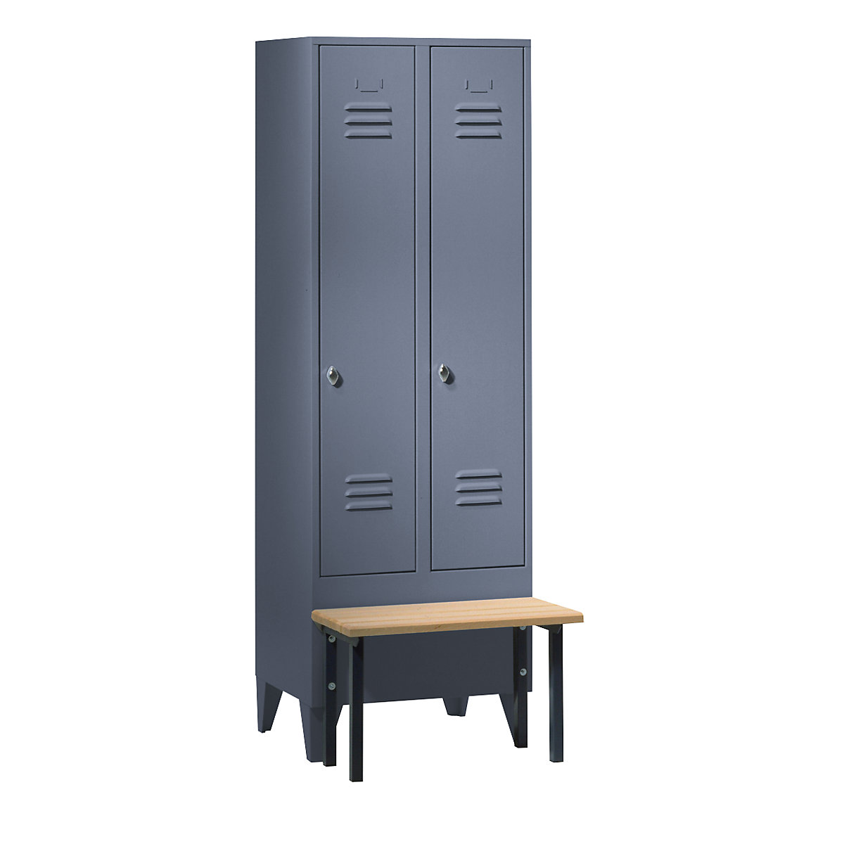 Garderobna omara s klopjo spredaj – Wolf, vrata s polno steno, širina razdelka 300 mm, 2 razdelka, modro siva-4