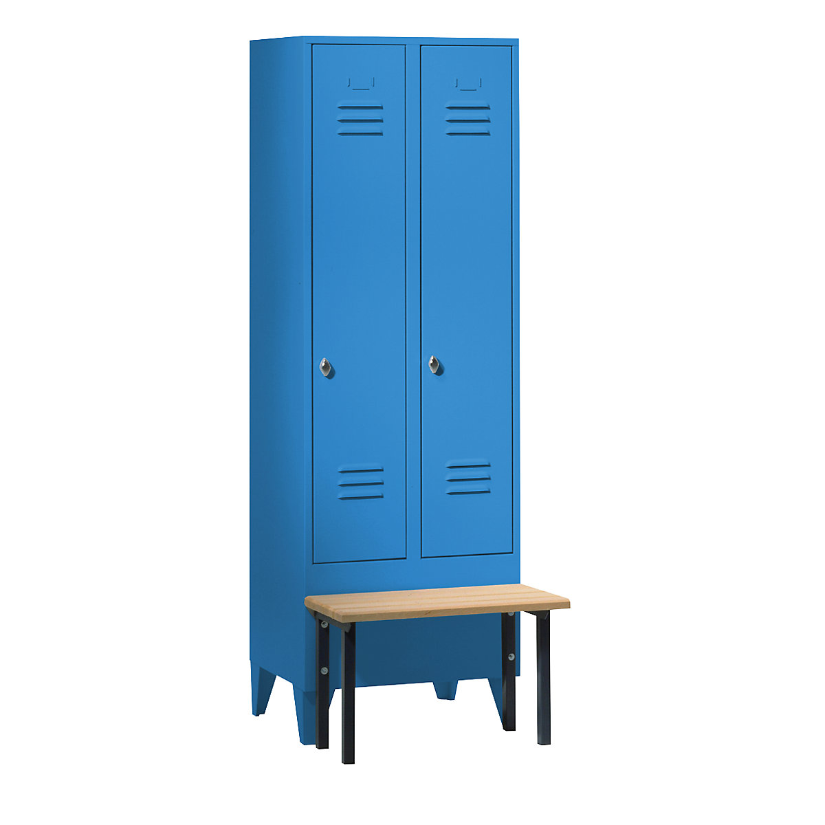 Garderobna omara s klopjo spredaj – Wolf, vrata s polno steno, širina razdelka 300 mm, 2 razdelka, svetlo modra-3