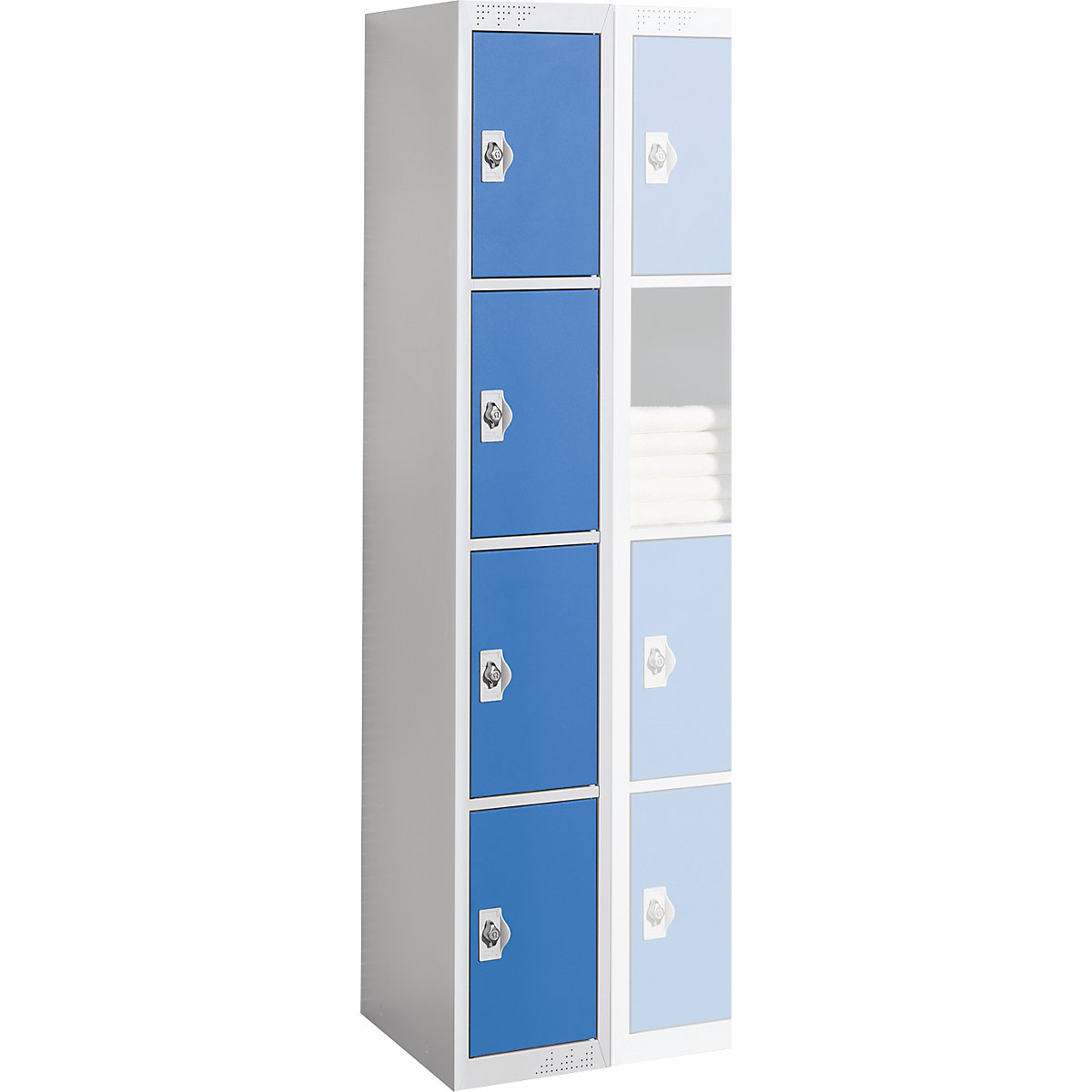 Jeklena garderobna omara, 4 predelki, širina 300 mm, priključni element, vrata svetlo modra-5