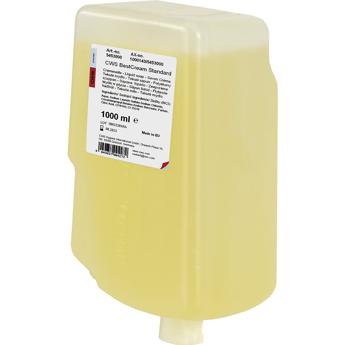 Kremno milo Best Cream – CWS, DE 12 plastenk po 1 l, standardno sredstvo, z vonjem limone-2