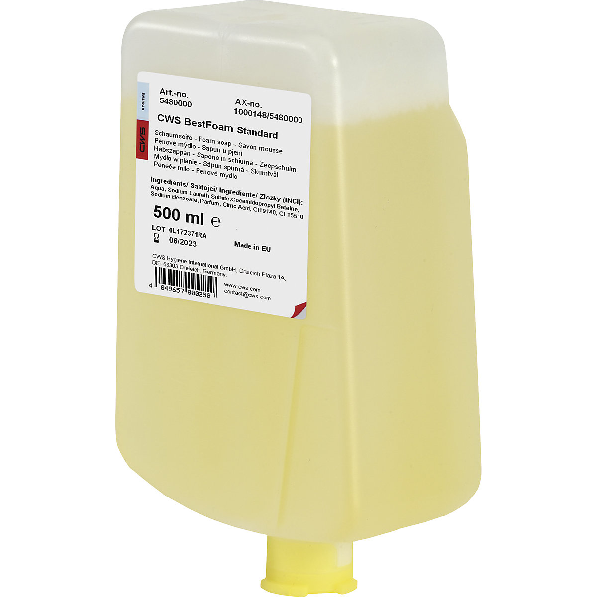Penasto milo Best Foam, prijazno do kože – CWS, DE 12 plastenk po 0,5 l, standardno sredstvo, rumene barve-2
