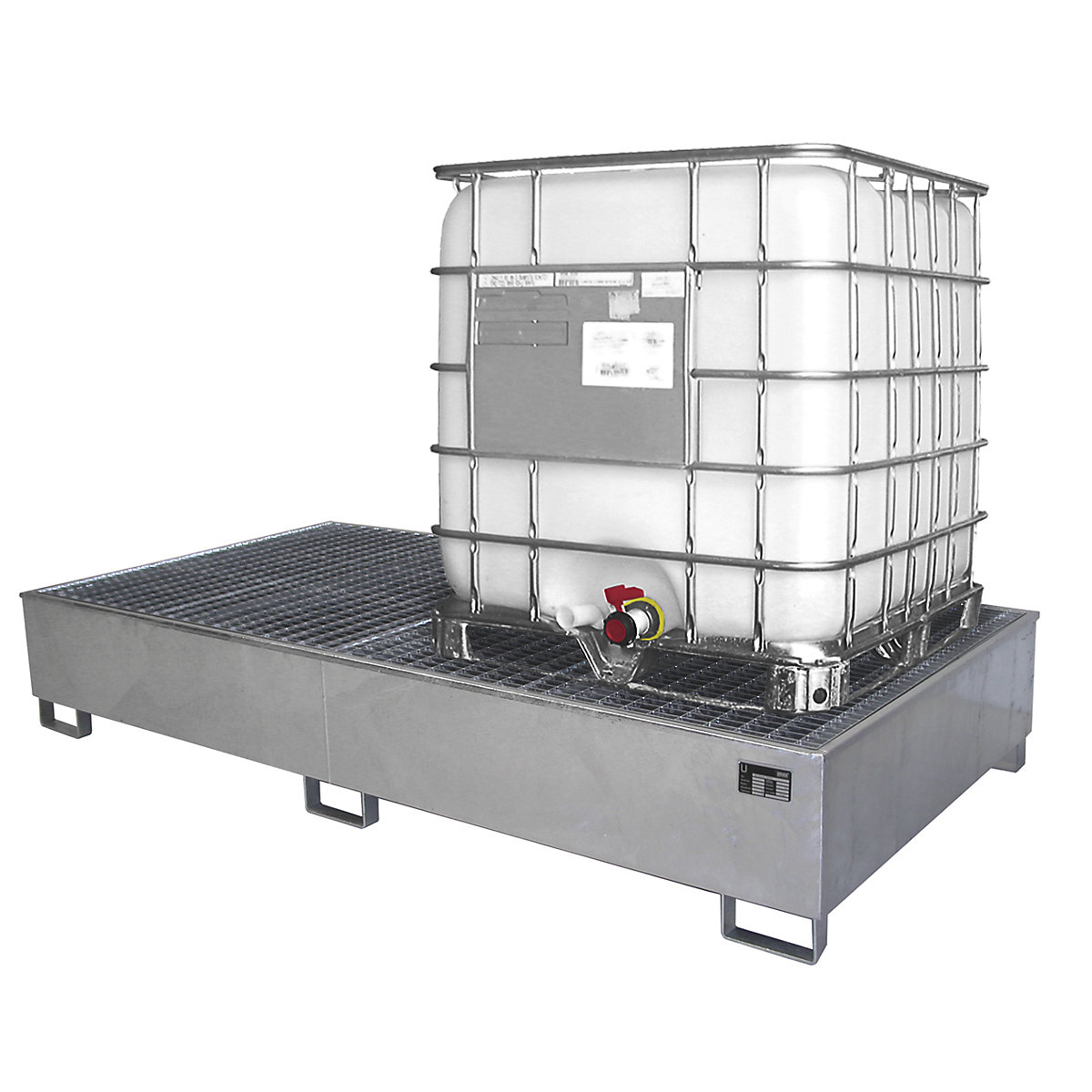 Stalen opvangbak met PE-inzetelement – eurokraft pro, 1000 l, voor 2 x IBC’s/kleine materiaalbakken, l x b x h = 2662 x 1312 x 438 mm, verzinkt-4