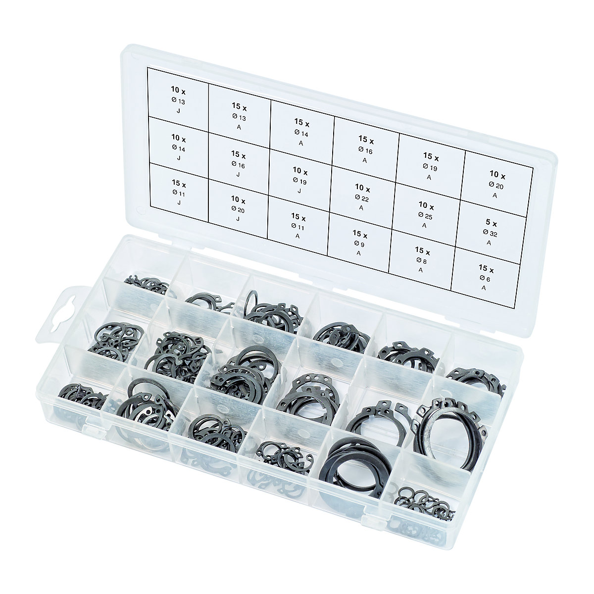 Assortiment d'anneaux d'arrêt, externes et internes – KS Tools, 225 éléments, DIN 472, DIN 471