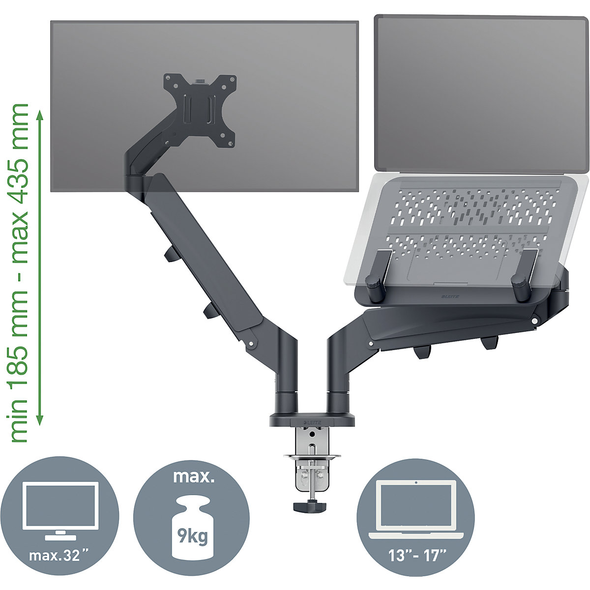 Ergo Platzsparender Dual Monitorarm mit Laptophalterung Leitz (Produktabbildung 4)-3