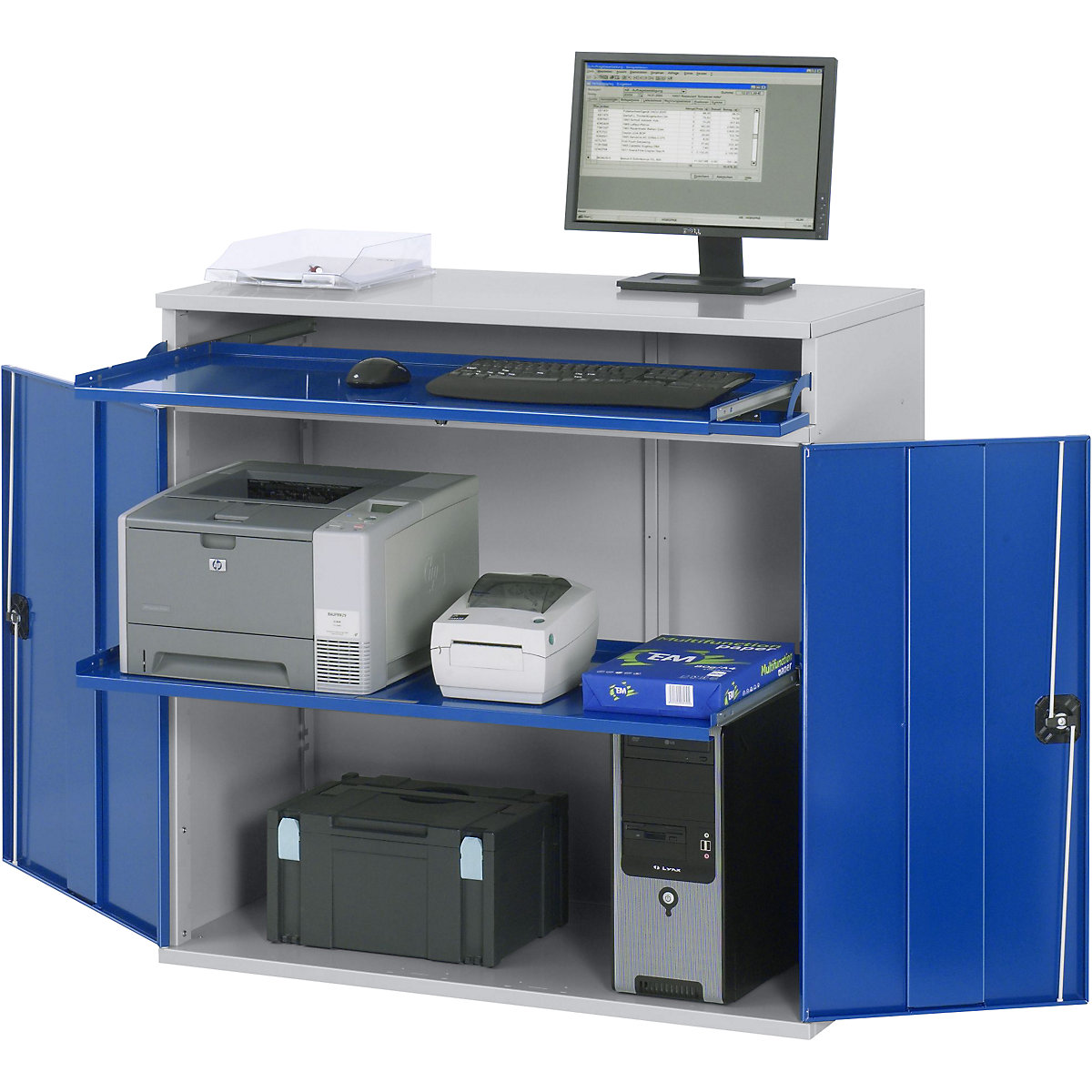 Computer-Arbeitsstation RAU, Schrankgehäuse mit 1 Ausziehboden, Breite 1100 mm, lichtgrau / enzianblau