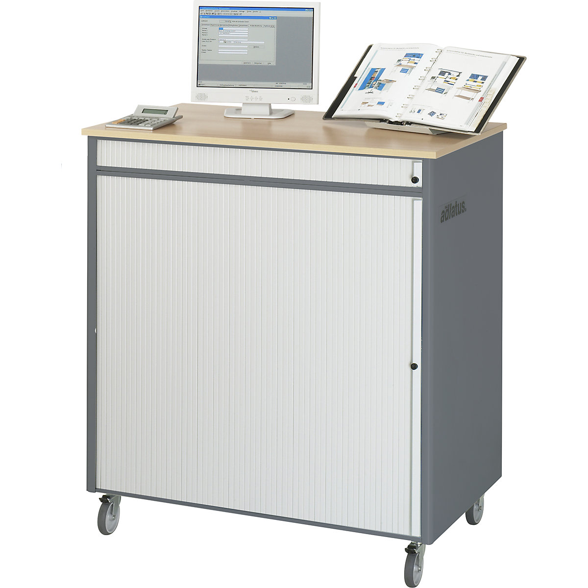 Počítačové pracovisko – RAU, v x š x h 1100 x 1030 x 660 mm, pojazdné, antracitová metalická / enciánová modrá-13