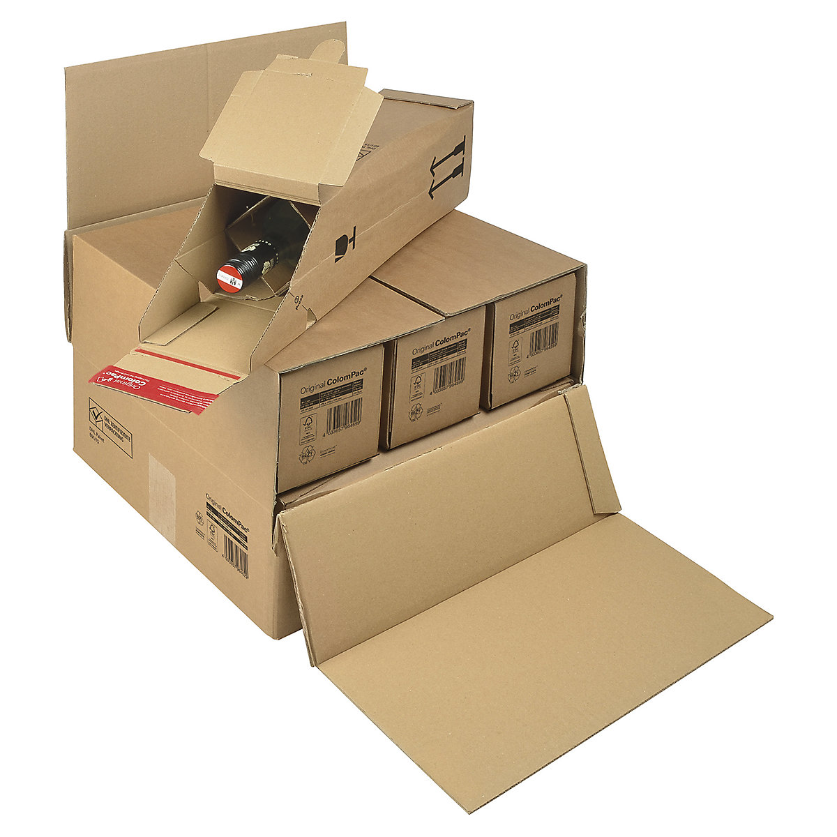 ColomPac® CP 181 Bottle Packaging Boxes | DHL Approved, ColomPac® CP 181 Bottle Packaging Boxes | DHL Approved, ColomPac® CP 181.006 Bottle Packaging Boxes | DHL Approved Pack 15 | Internal Dimensions375l x 365w x 250h mm | Outer Box 3/6 Boxes | 585gsm-2