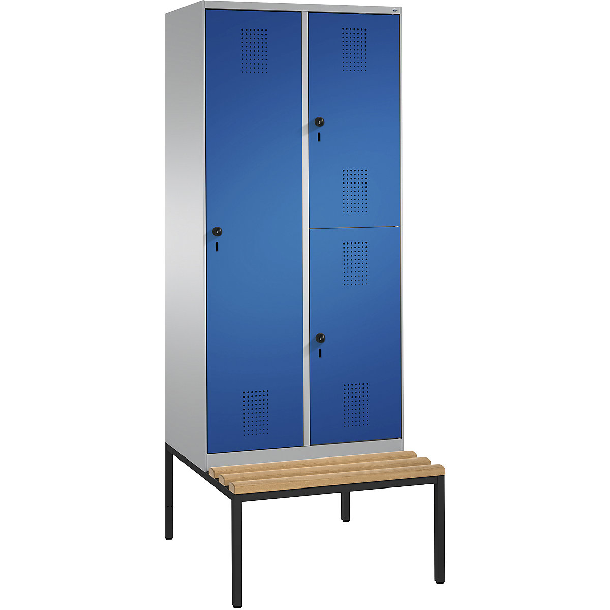 EVOLO combinatiekast, met één- en twee verdiepingen, met zitbank – C+P, 2 afdelingen, 3 deuren, afdelingbreedte 400 mm, blank aluminiumkleurig / gentiaanblauw-14