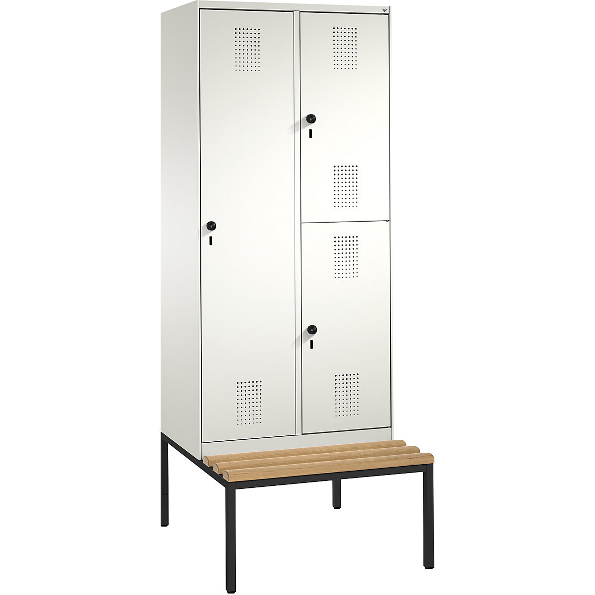 EVOLO combinatiekast, met één- en twee verdiepingen, met zitbank – C+P, 2 afdelingen, 3 deuren, afdelingbreedte 400 mm, zuiver wit / zuiver wit-10