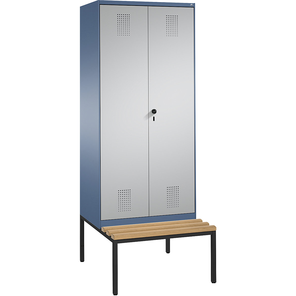 EVOLO garderobekast, met naar elkaar toe slaande deuren en zitbank – C+P, 2 afdelingen, afdelingbreedte 400 mm, verblauw / blank aluminiumkleurig-12