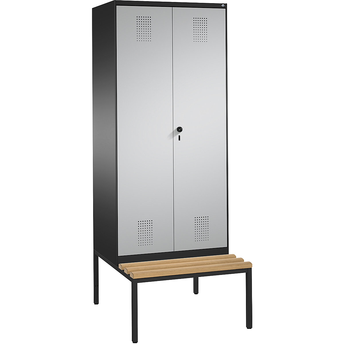EVOLO garderobekast, met naar elkaar toe slaande deuren en zitbank – C+P, 2 afdelingen, afdelingbreedte 400 mm, zwartgrijs / blank aluminiumkleurig-11
