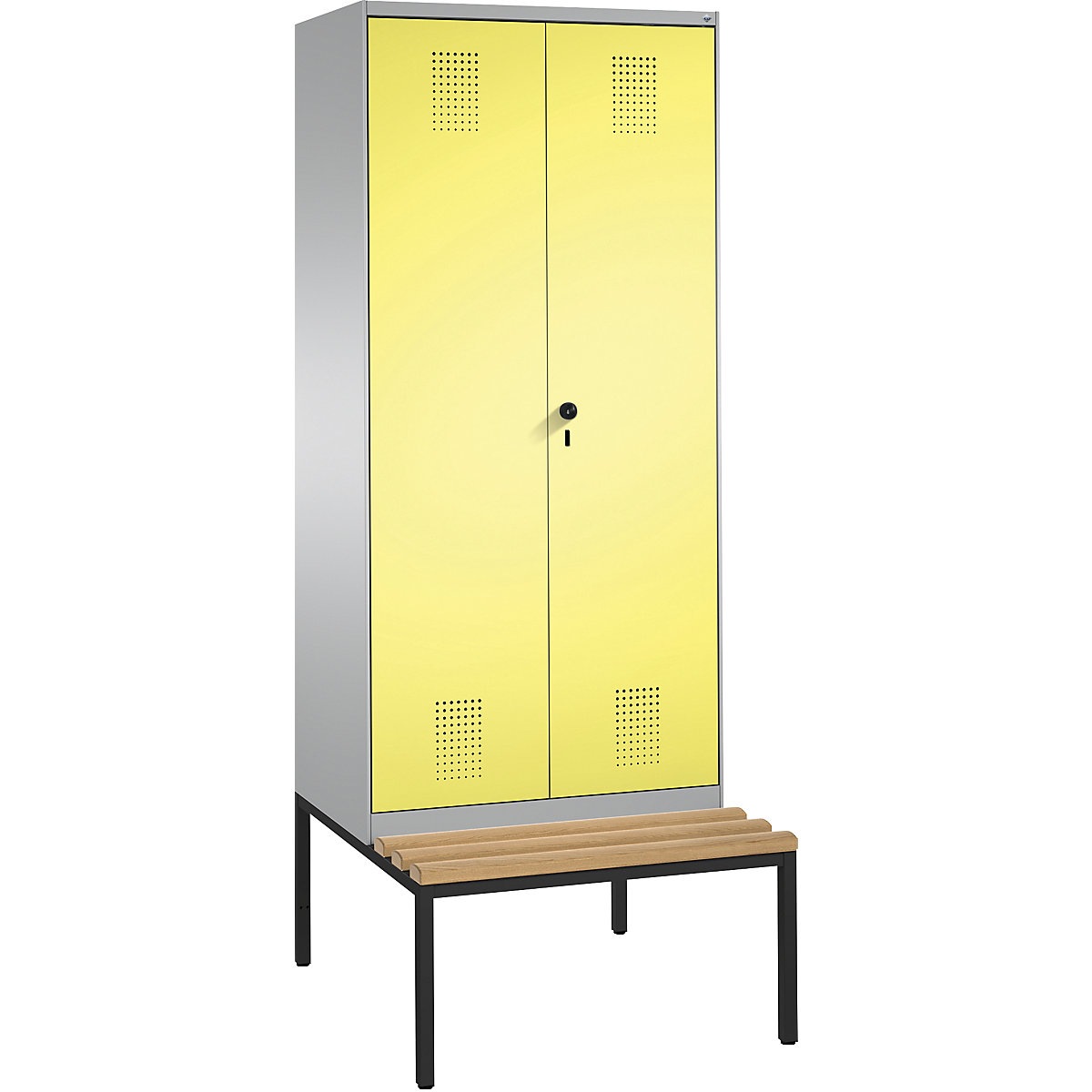 EVOLO garderobekast, met naar elkaar toe slaande deuren en zitbank – C+P, 2 afdelingen, afdelingbreedte 400 mm, blank aluminiumkleurig / zwavelgeel-7