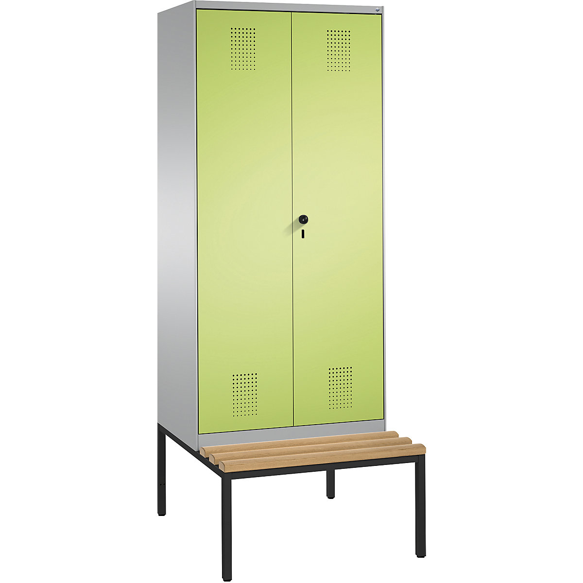EVOLO garderobekast, met naar elkaar toe slaande deuren en zitbank – C+P, 2 afdelingen, afdelingbreedte 400 mm, blank aluminiumkleurig / felgroen-2