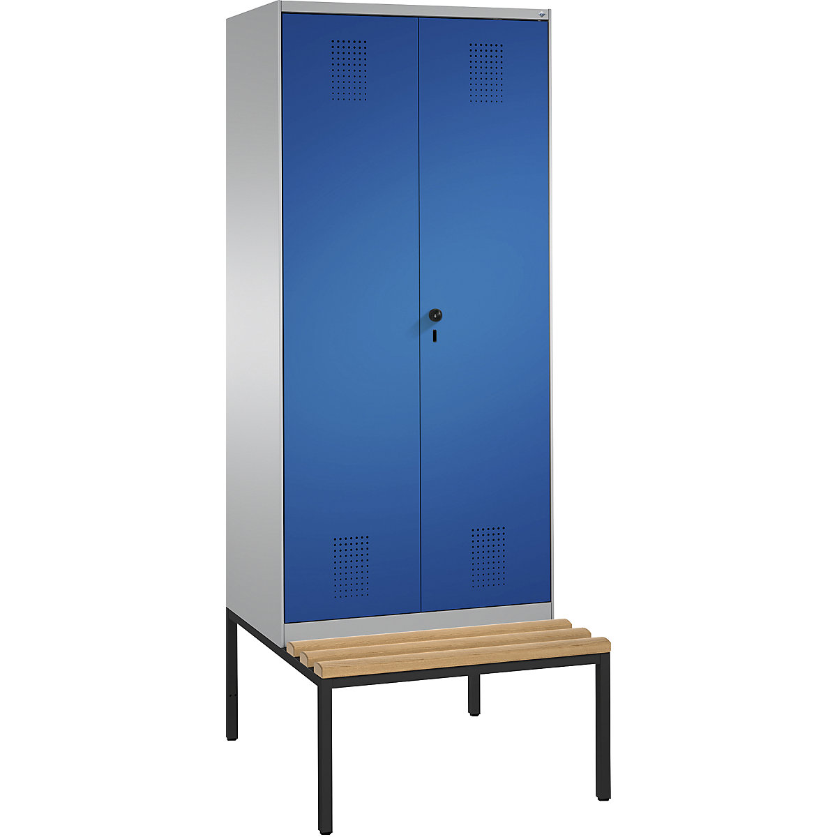 EVOLO garderobekast, met naar elkaar toe slaande deuren en zitbank – C+P, 2 afdelingen, afdelingbreedte 400 mm, blank aluminiumkleurig / gentiaanblauw-3
