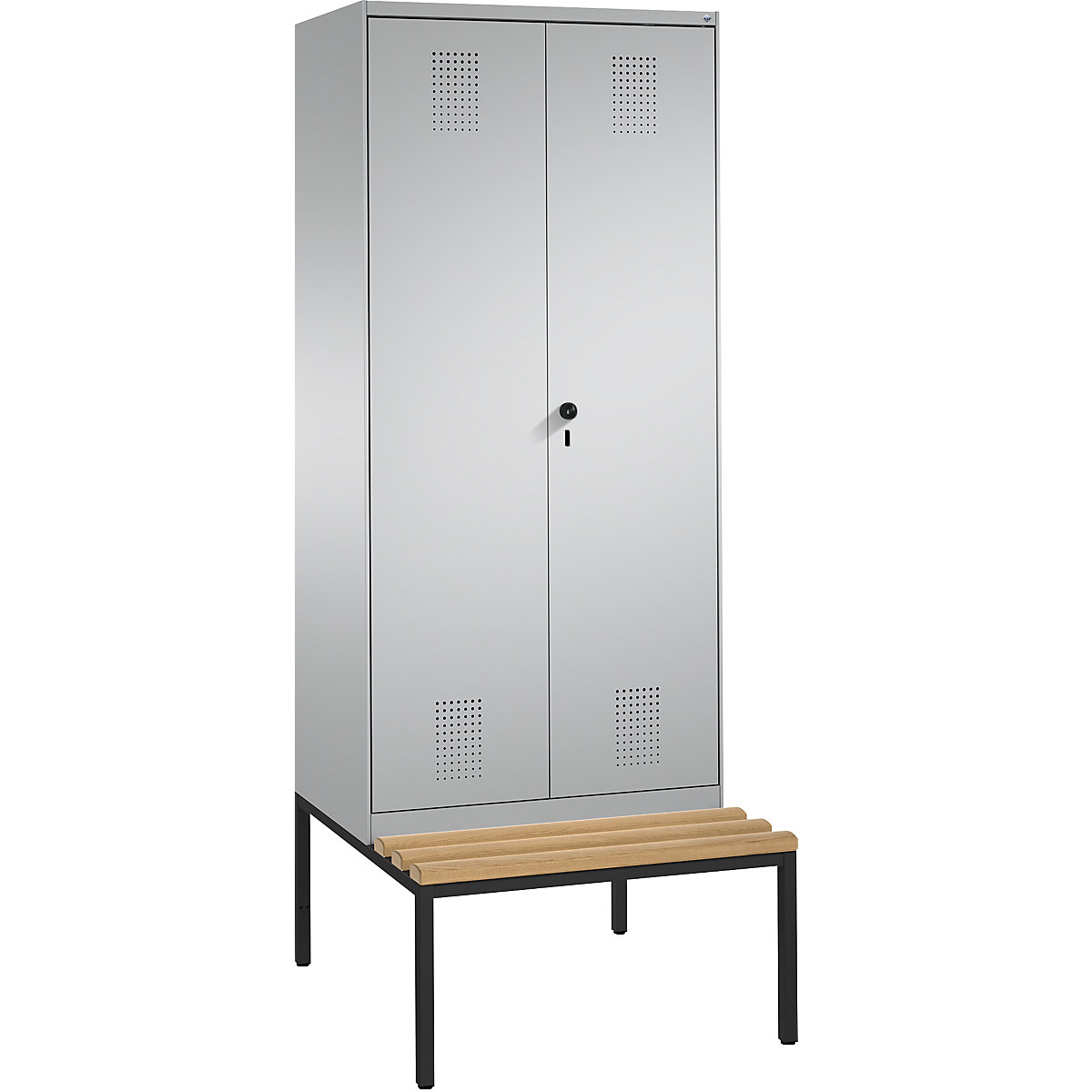 EVOLO garderobekast, met naar elkaar toe slaande deuren en zitbank – C+P, 2 afdelingen, afdelingbreedte 400 mm, blank aluminiumkleurig / blank aluminiumkleurig-15