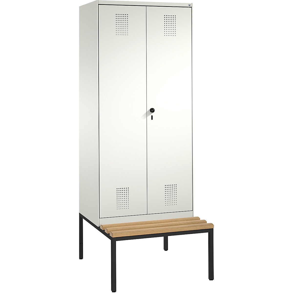 EVOLO garderobekast, met naar elkaar toe slaande deuren en zitbank – C+P, 2 afdelingen, afdelingbreedte 400 mm, zuiver wit / zuiver wit-9