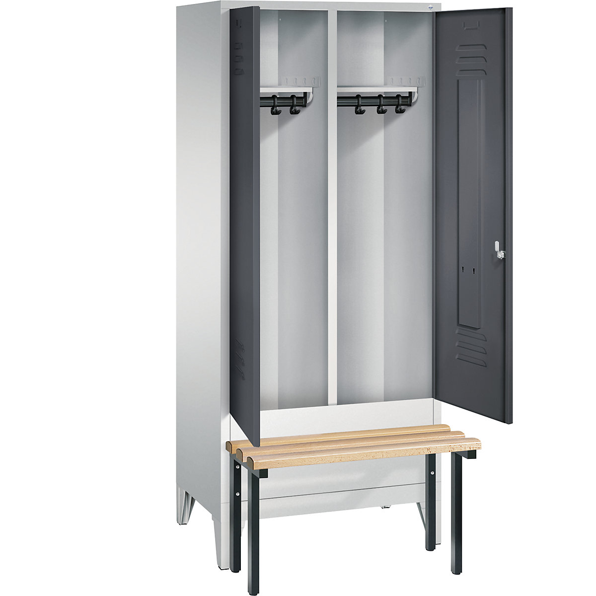 Garderobekast CLASSIC met aangebouwde zitbank, naar elkaar toe zwenkende deuren – C+P (Productafbeelding 2)-1