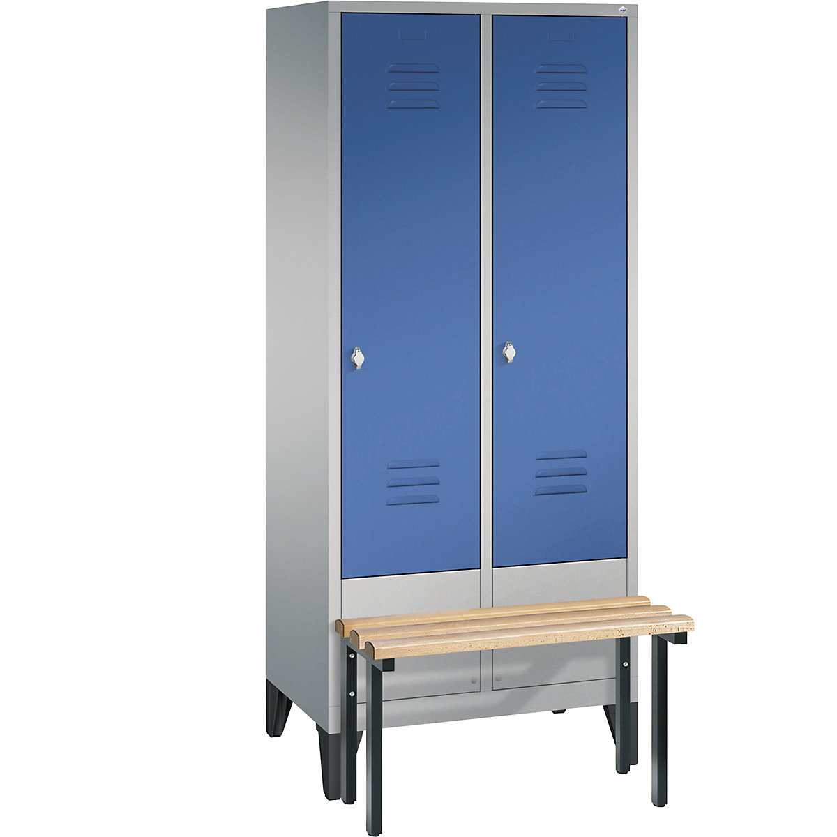 Garderobekast CLASSIC met aangebouwde zitbank – C+P, 2 afdelingen, afdelingsbreedte 400 mm, blank aluminiumkleurig / gentiaanblauw-6