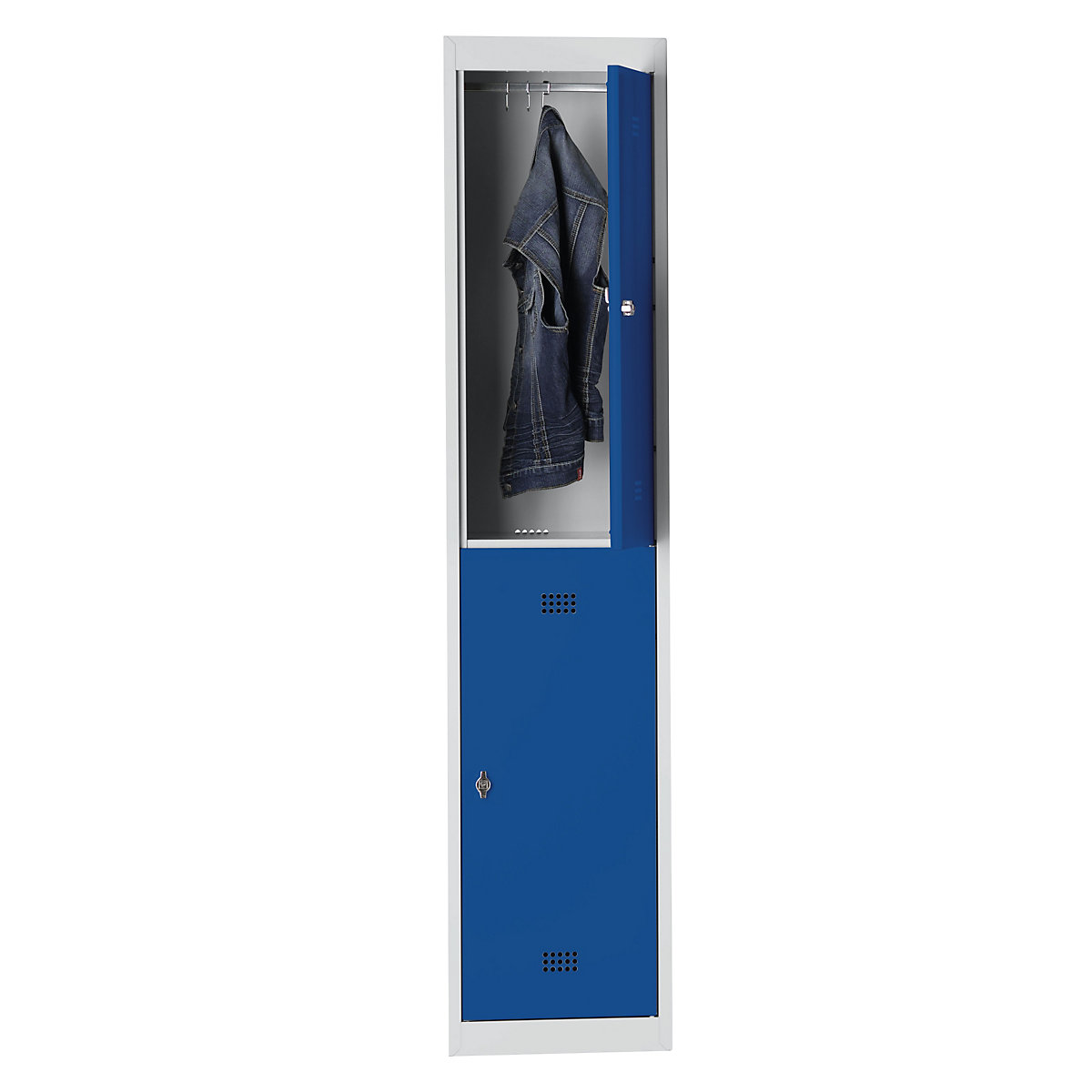 Stalen kledingkast – Wolf, gemoffeld, 2 compartimenten, hoogte 840 mm, breedte 400 mm, 1 kledingstang, aanbouwelement, lichtgrijs / gentiaanblauw-5
