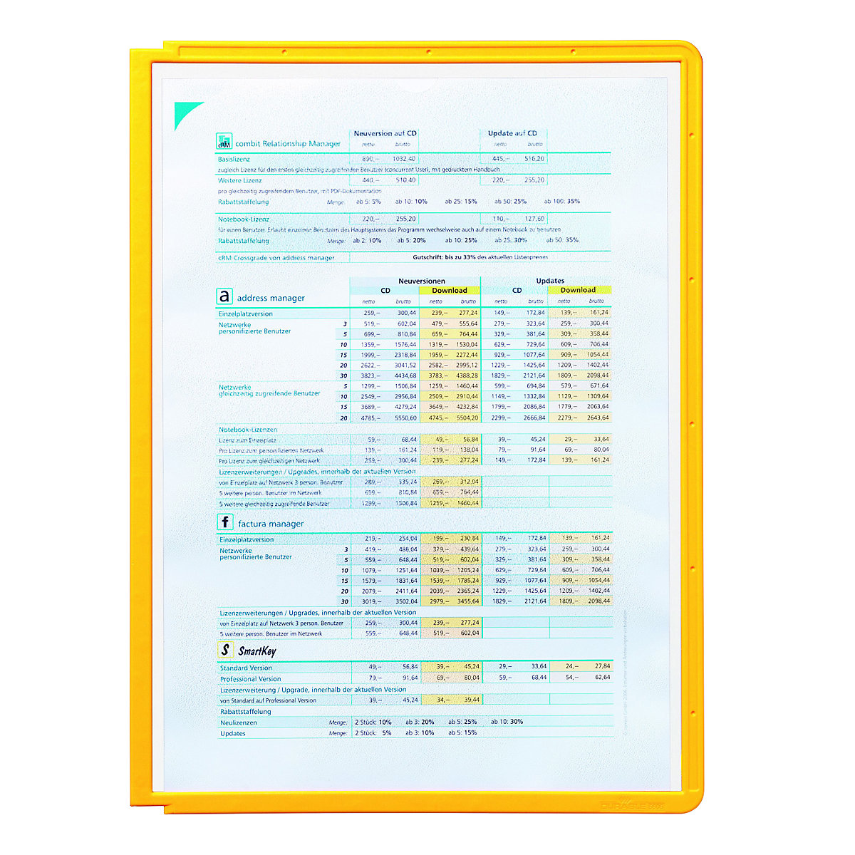 Prozorna tablica s profilnim okvirom – DURABLE, za DIN A4, DE 10 kosov, rumena, od 3 DE-6