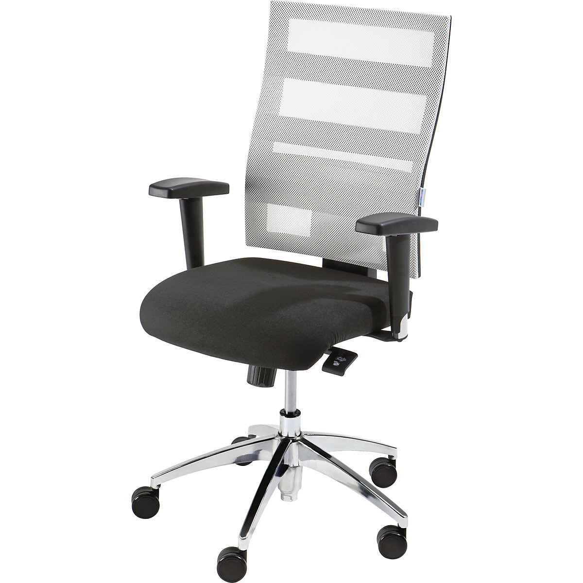 EUROKRAFTpro – Udoben vrtljiv stol, višina naslonjala za hrbet 550 mm, točkovna sinhrona mehanika, ploski sedež, črn sedež, belo mrežasto naslonjalo