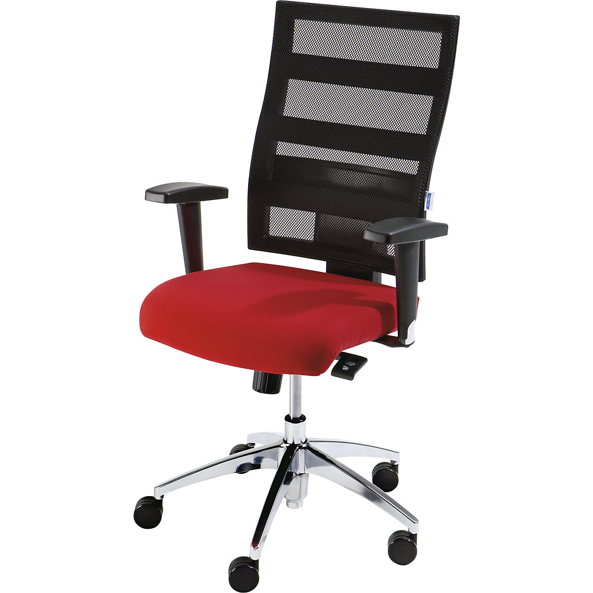 EUROKRAFTpro – Udoben vrtljiv stol, višina naslonjala za hrbet 550 mm, točkovna sinhrona mehanika, ploski sedež, rdeč sedež, črno mrežasto naslonjalo