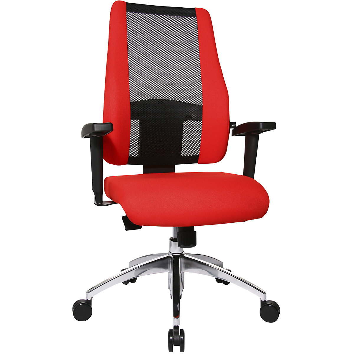Vrtljiv pisarniški stol AIR SYNCRO – Topstar, mrežasto naslonjalo za hrbet z oblazinjenimi stranskimi deli, črn / rdeč-2