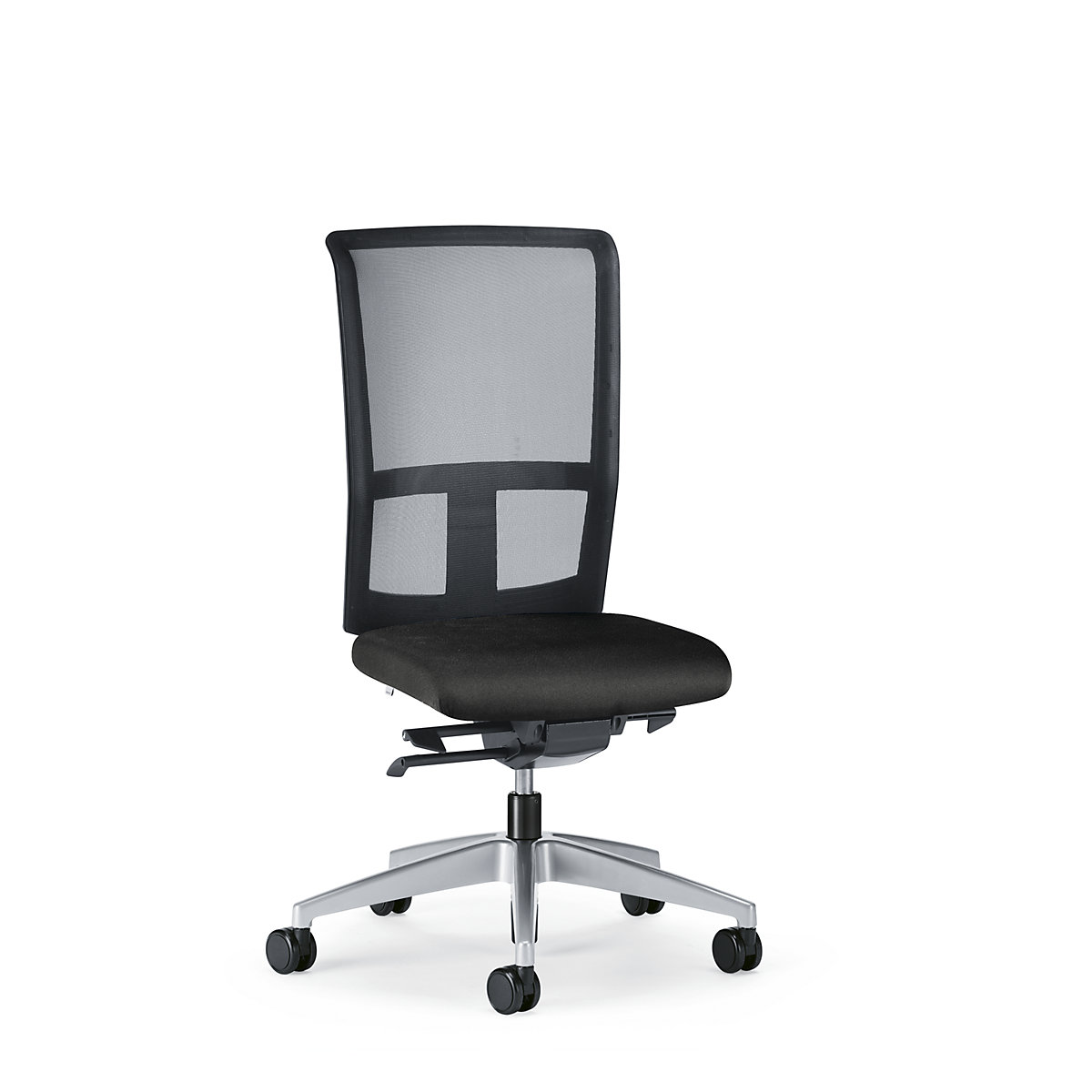 Vrtljiv pisarniški stol GOAL AIR, naslonjalo za hrbet višine 545 mm – interstuhl, briljantno srebrno ogrodje, mehka kolesa, grafitno črna, globina sedeža 410 mm-2