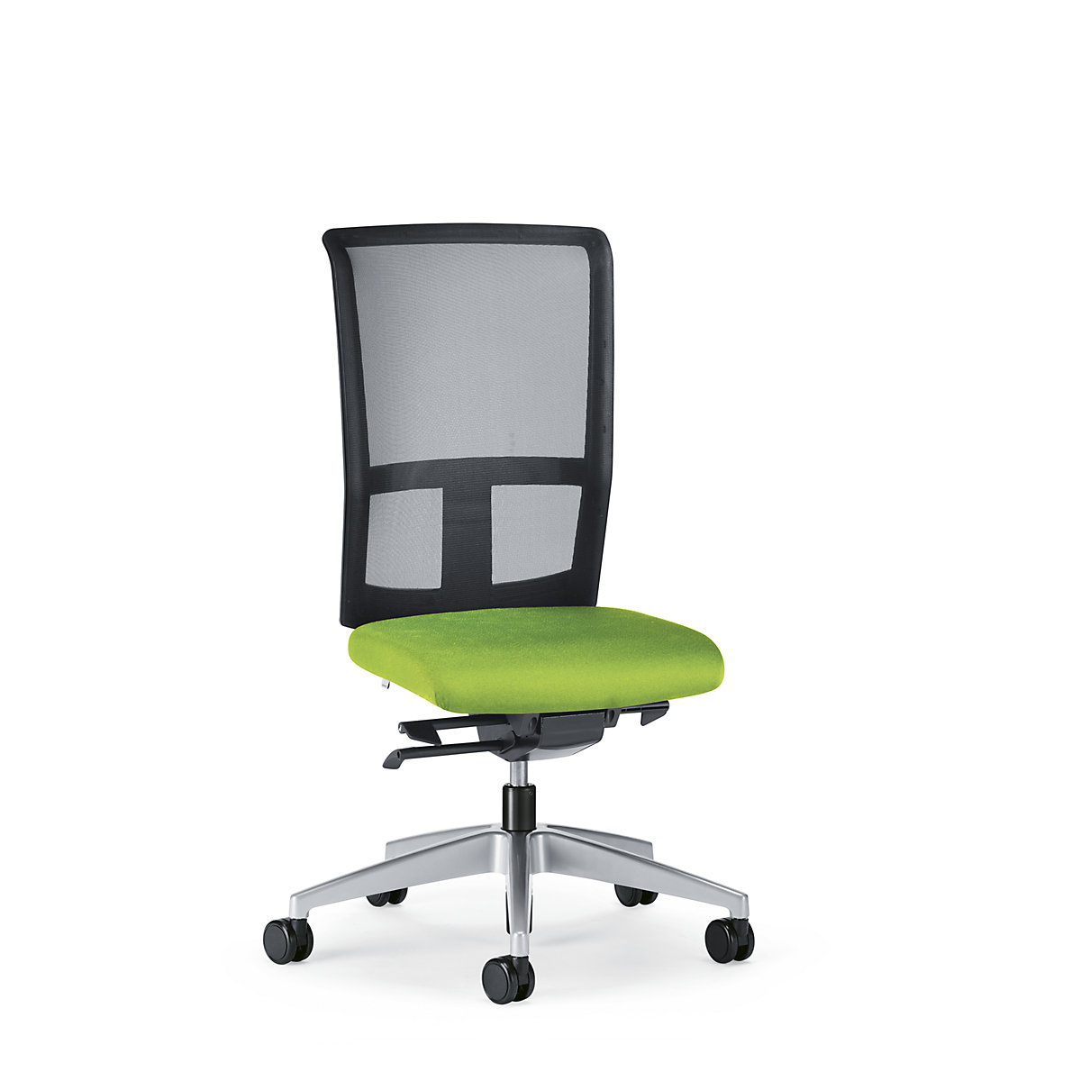 Vrtljiv pisarniški stol GOAL AIR, naslonjalo za hrbet višine 545 mm – interstuhl, briljantno srebrno ogrodje, mehka kolesa, rumeno zelena, globina sedeža 410 mm-3