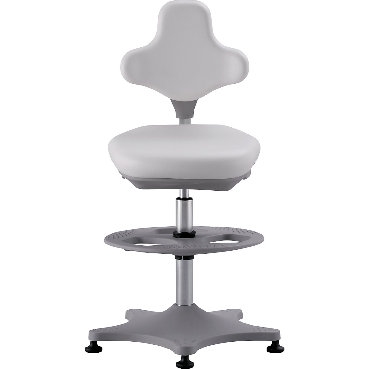 Laboratórna pracovná otočná stolička LABSTER – bimos, rozsah prestavenia výšky 550 – 800 mm, s podlahovými klzákmi a nožným kruhom, poťah z umelej kože, biela-4