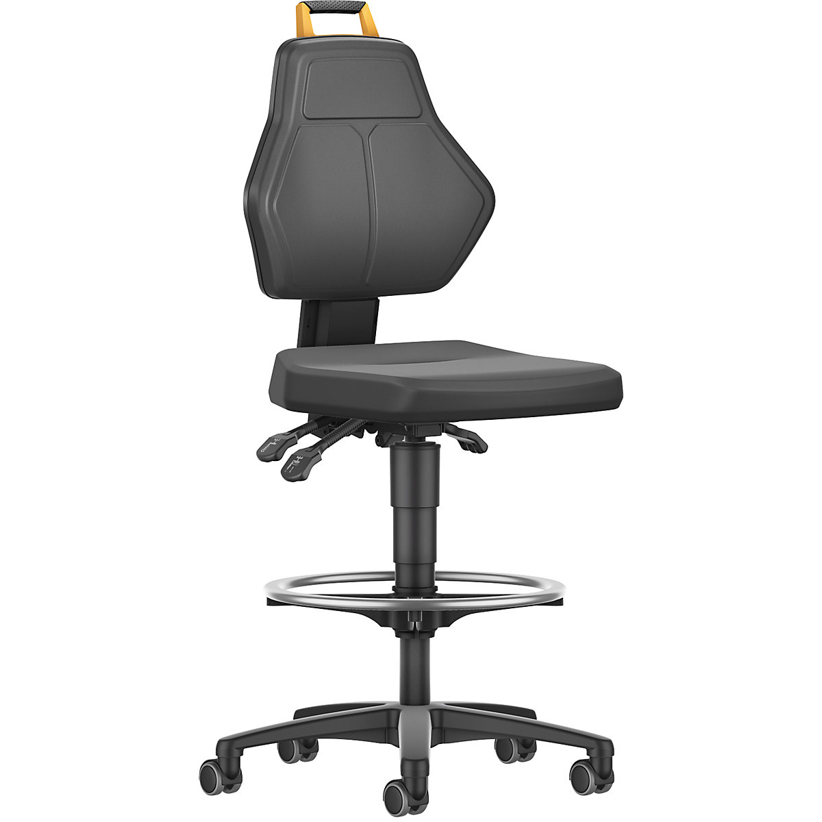 Pracovná otočná stolička, čierna – eurokraft pro, s nepohyblivými kolieskami pri sedení a nožným kruhom, čalúnenie z PU peny-2