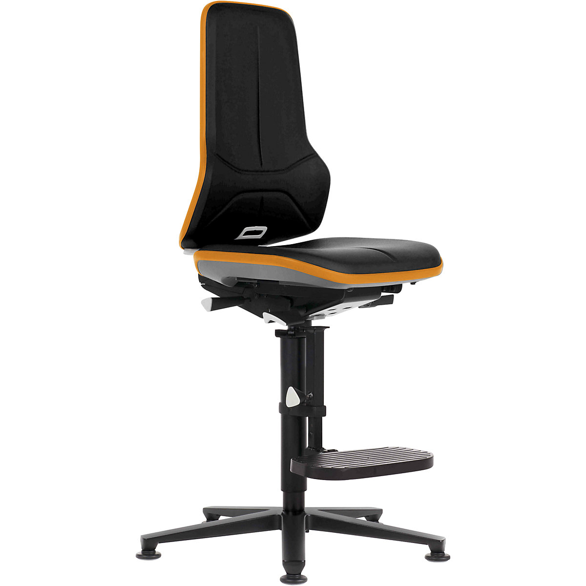 bimos – Pracovná otočná stolička NEON, s klzákmi a výstupnou pomôckou, materiál sedadla umelá koža, flexibilná páska oranžová