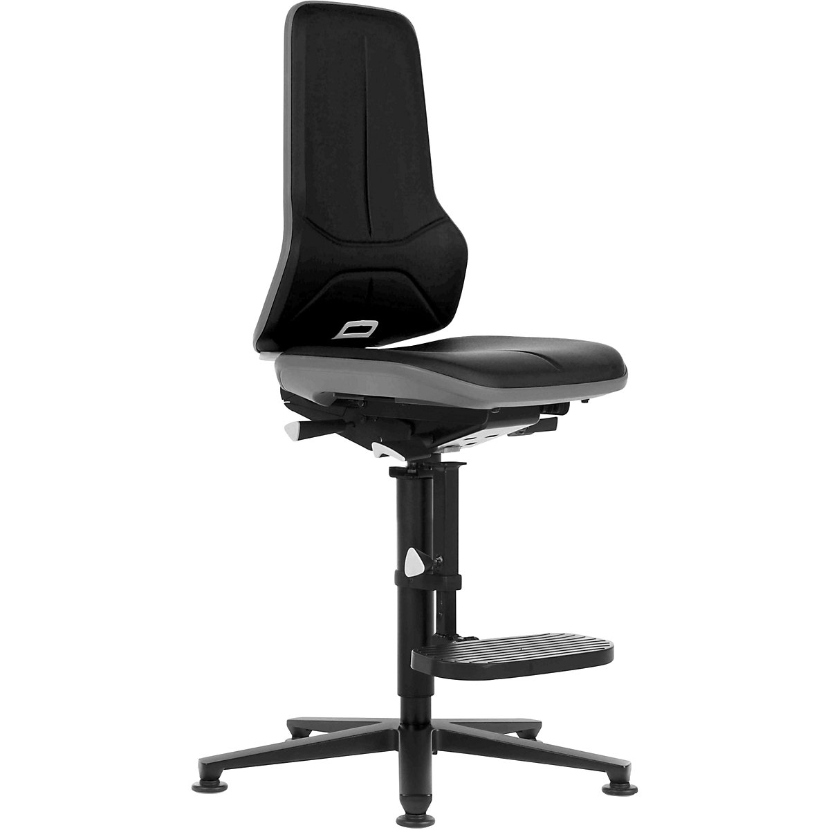 bimos – Pracovná otočná stolička NEON, s klzákmi a výstupnou pomôckou, materiál sedadla umelá koža, flexibilná páska šedá