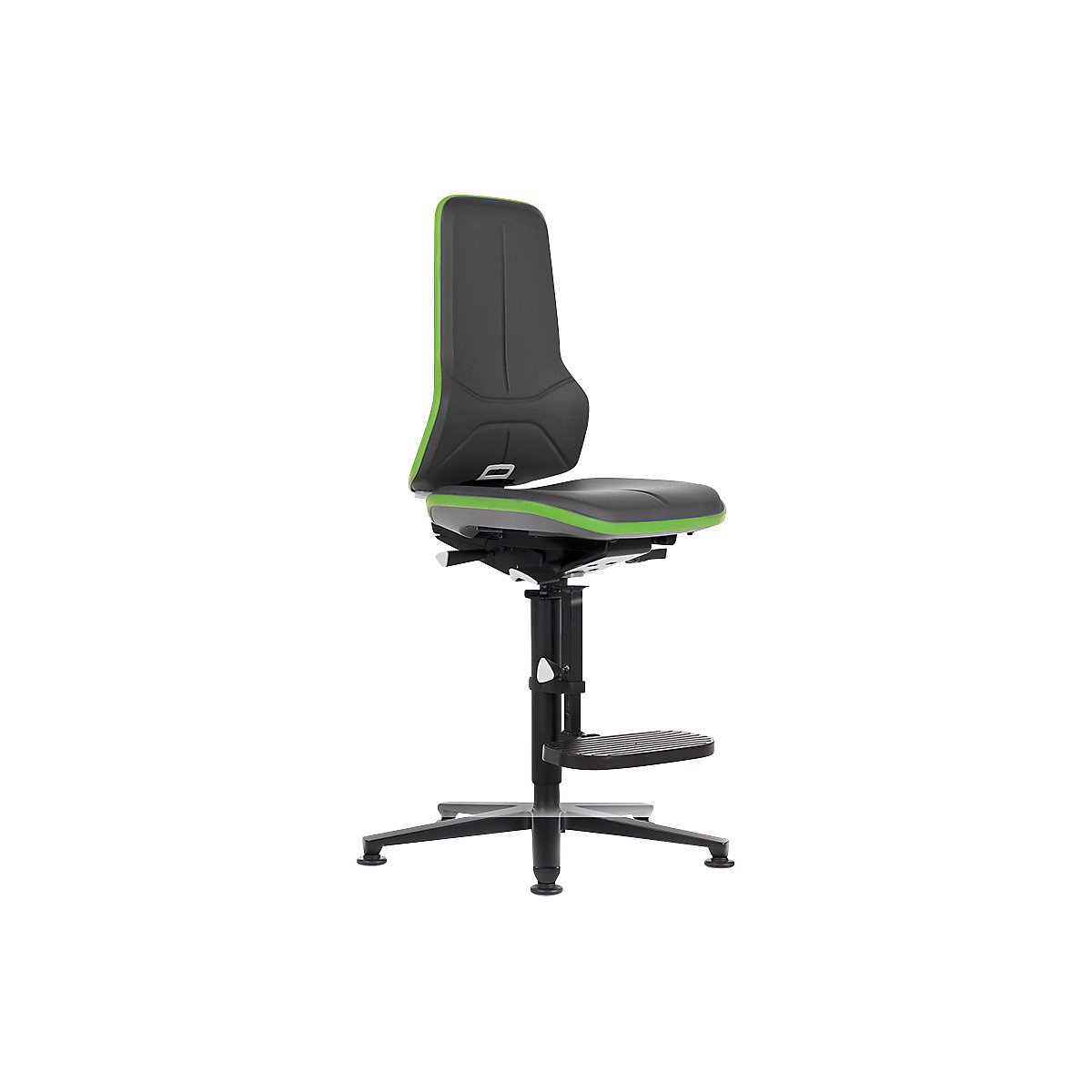 bimos – Pracovná otočná stolička NEON, s klzákmi a výstupnou pomôckou, materiál sedadla umelá koža, flexibilná páska zelená