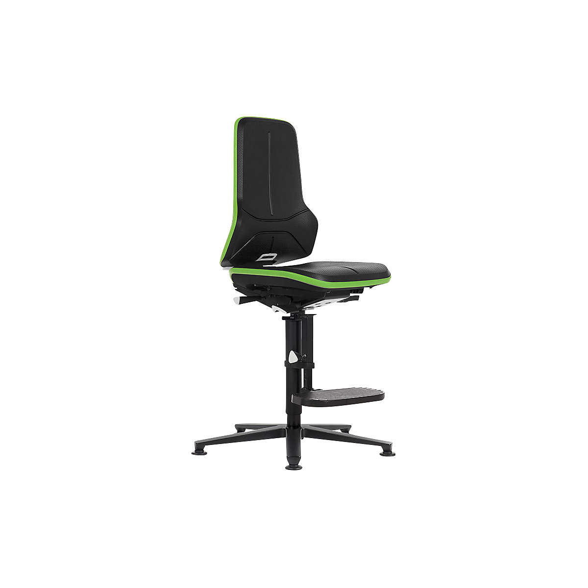Pracovná otočná stolička NEON, s klzákmi a výstupnou pomôckou – bimos, materiál sedadla integrálna pena, ESD, flexibilná páska zelená