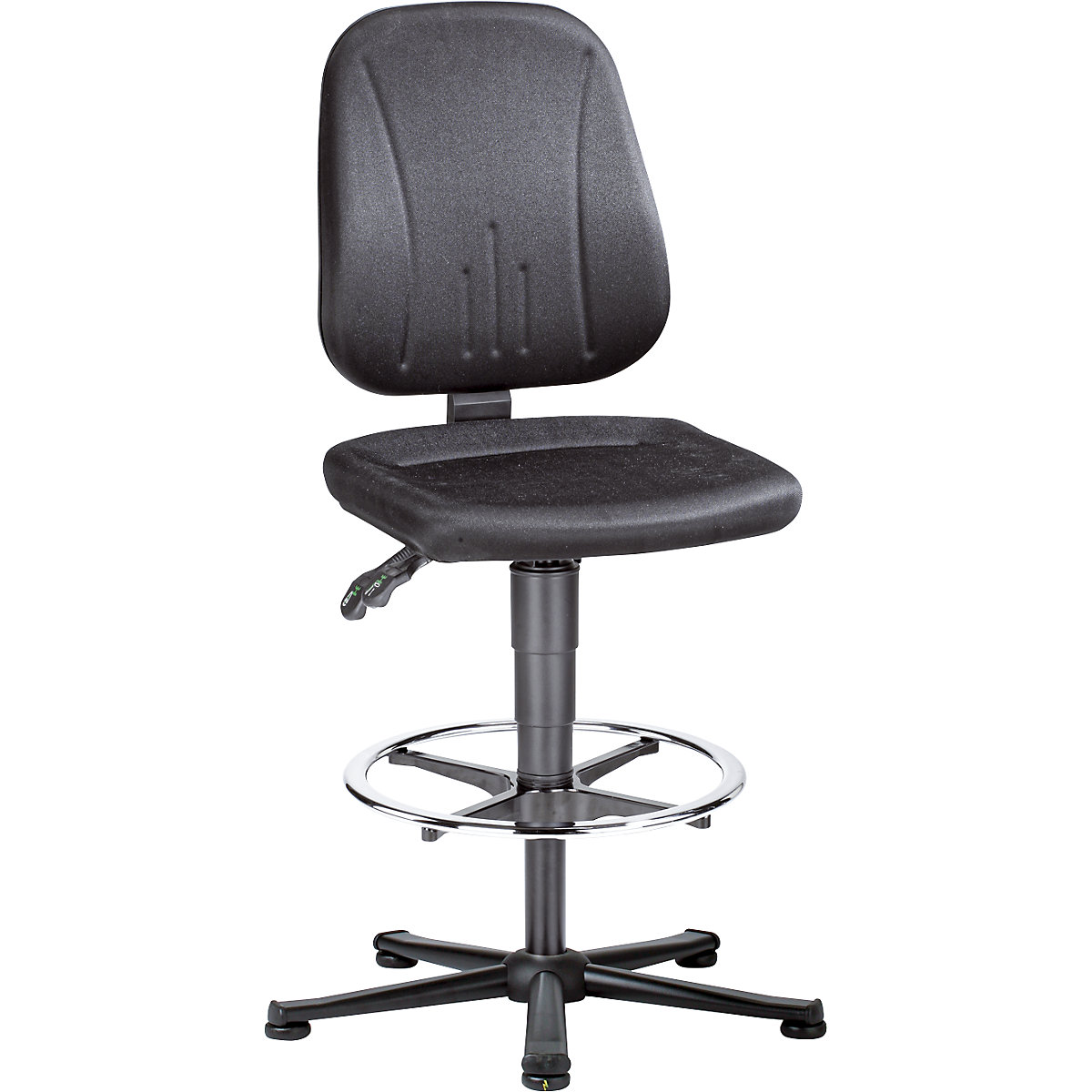 ESD pracovní otočná židle – bimos, černý látkový potah, podstavec s pěti nohami z ocelové trubky, s podlahovými patkami a nožním kruhem-2