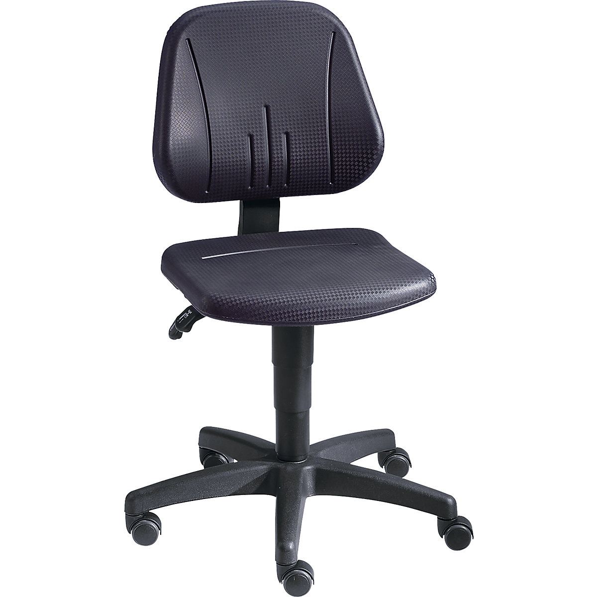Pracovní otočná židle – bimos, s přestavováním výšky plynovým pístem, PU pěna, černá barva, s kolečky-12