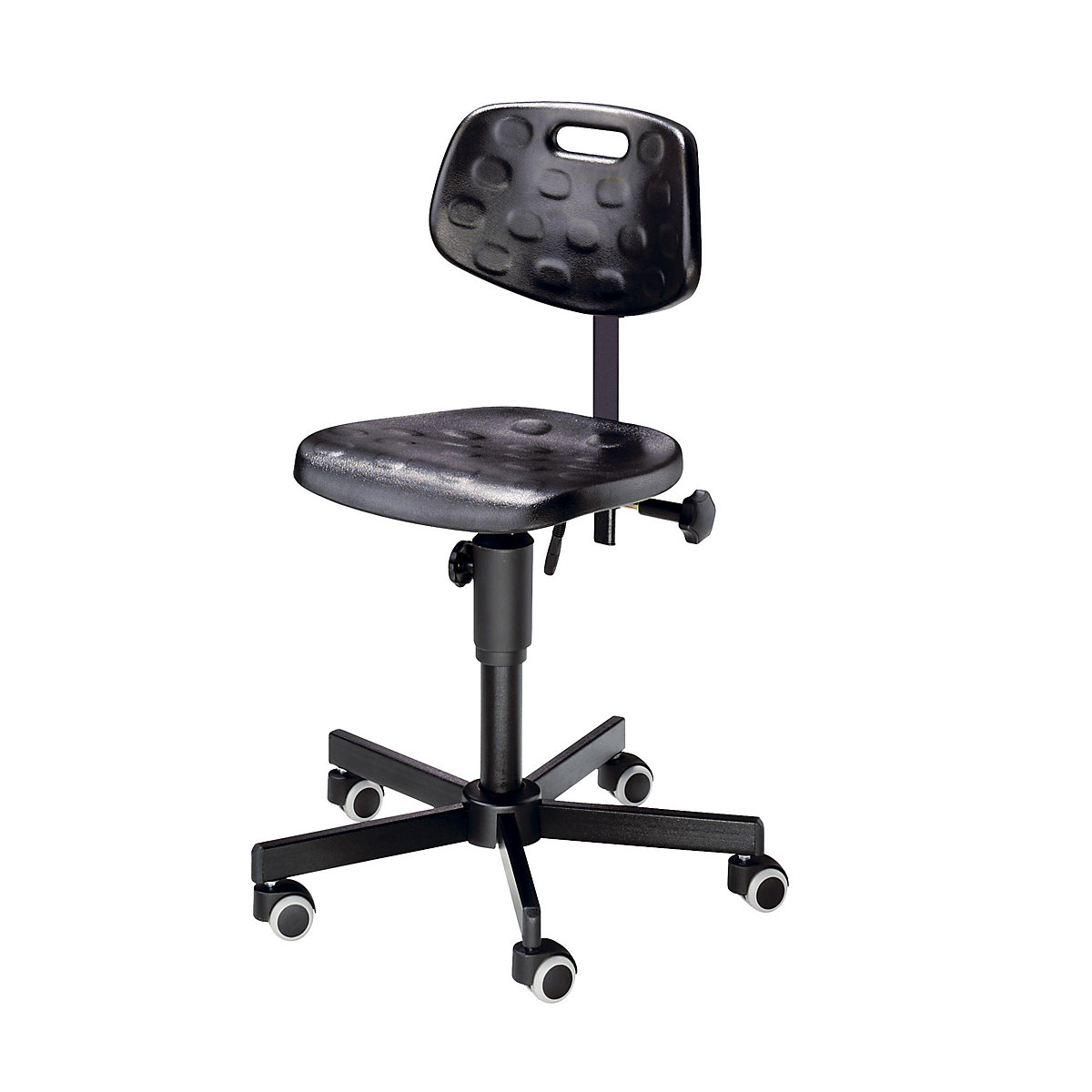 Pracovní otočná židle se sedákem z PU lehčené hmoty – meychair, bez nožní opěrky, s kolečky brzděnými v závislosti na zatížení-1