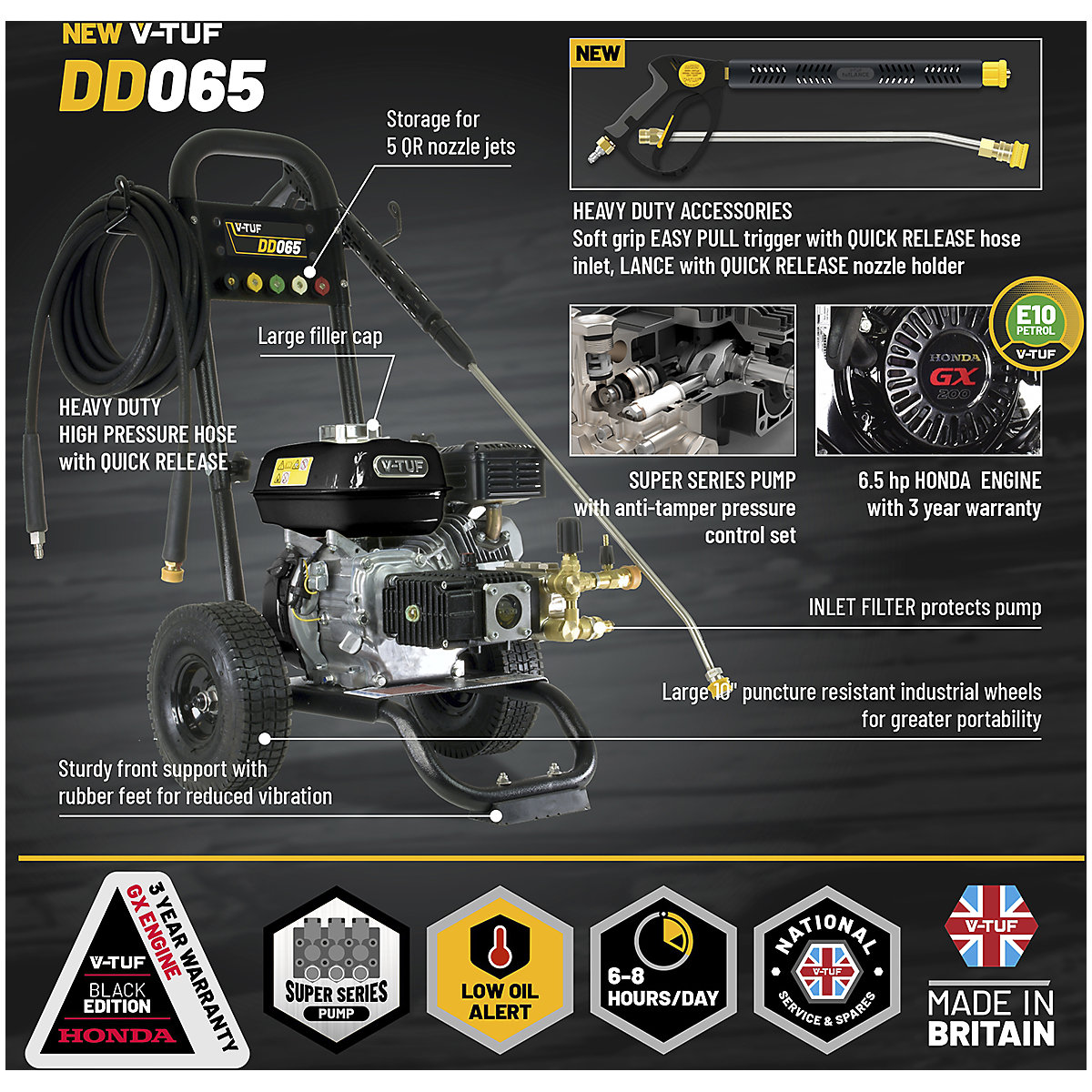 V-TUF DD065 Petrol Pressure Washer | Super Series Pump | 6.5HP | 13.2L/Min | 160Bar (Product illustration 6)-5
