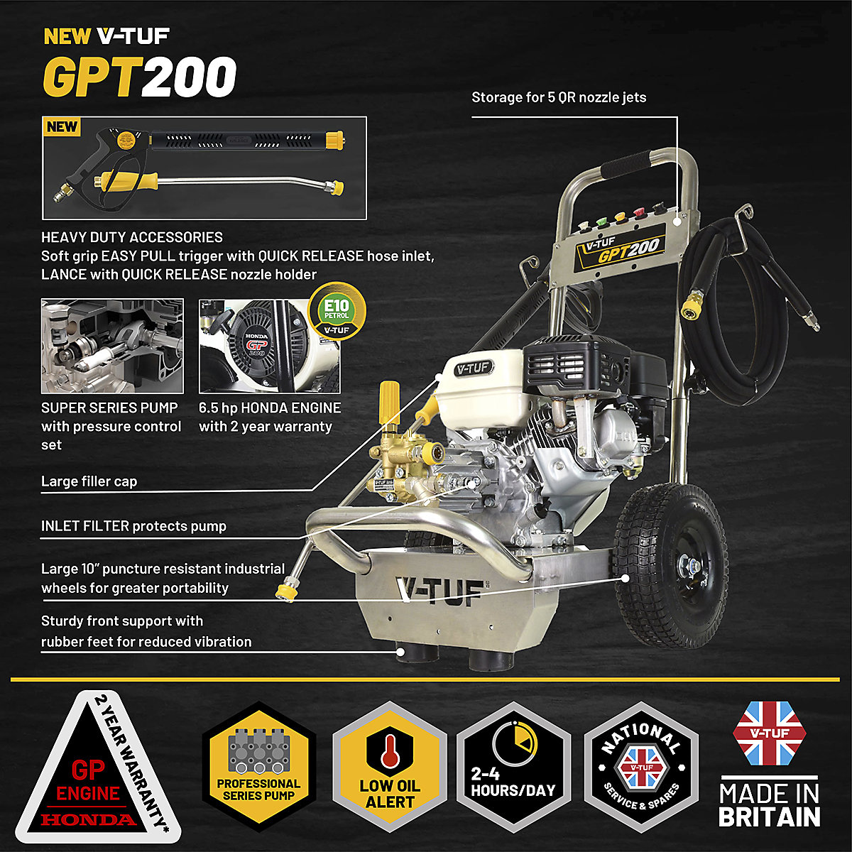 V-TUF GPT200 Industrial Honda Driven Petrol Pressure Washer | 12L/Min | 190Bar (Product illustration 7)-6