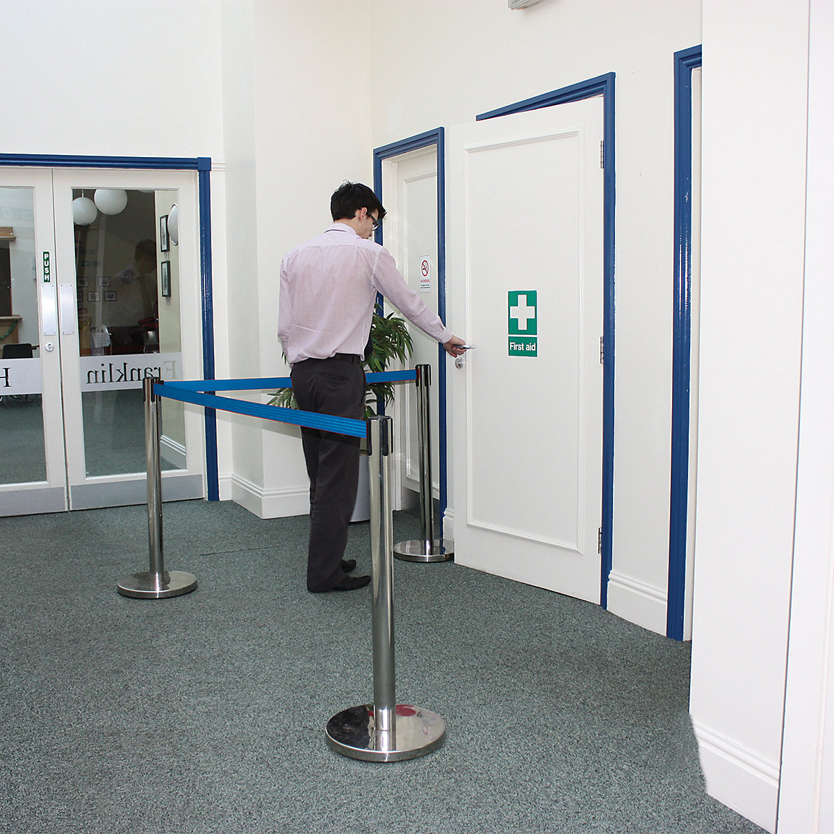 OBEX Belt Barriers, OBEX Belt Barriers, OBEX® Stainless Steel Post | Blue Belt Barrier |Post size: 930h x 350w mm-1